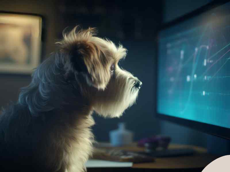 A cute Mutt dog looks at the computer screen analyzing dog gut health and dog genetics