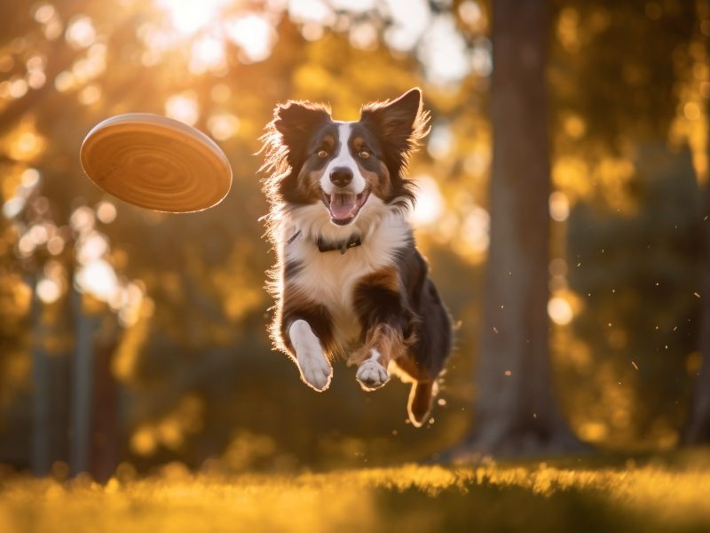 An aussie puppy jumps for a frisbee able to do so because of good joint health