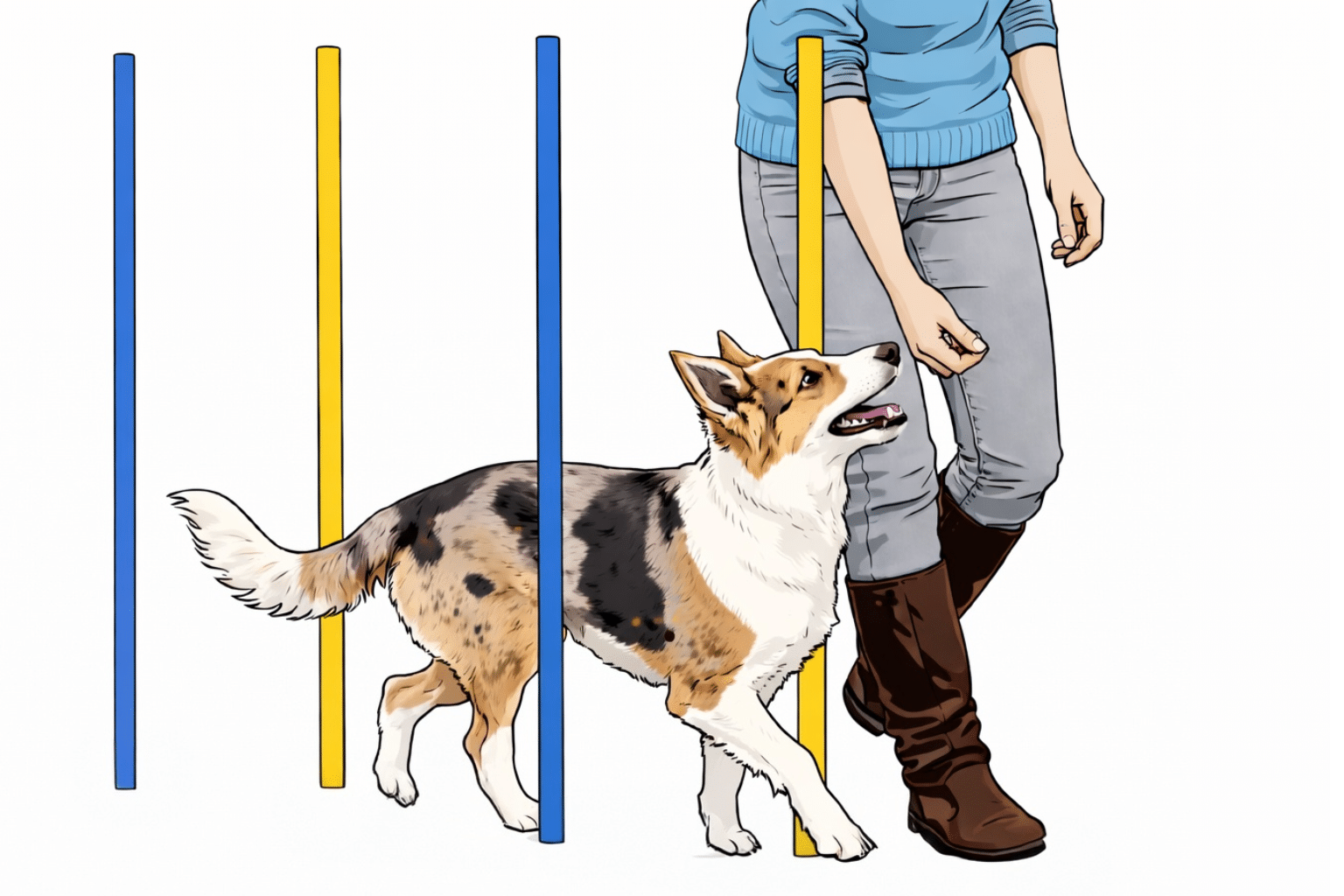 Corgi mix weaves between blue and yellow agility poles while following a handler’s cue, a structured mental enrichment and training exercise.