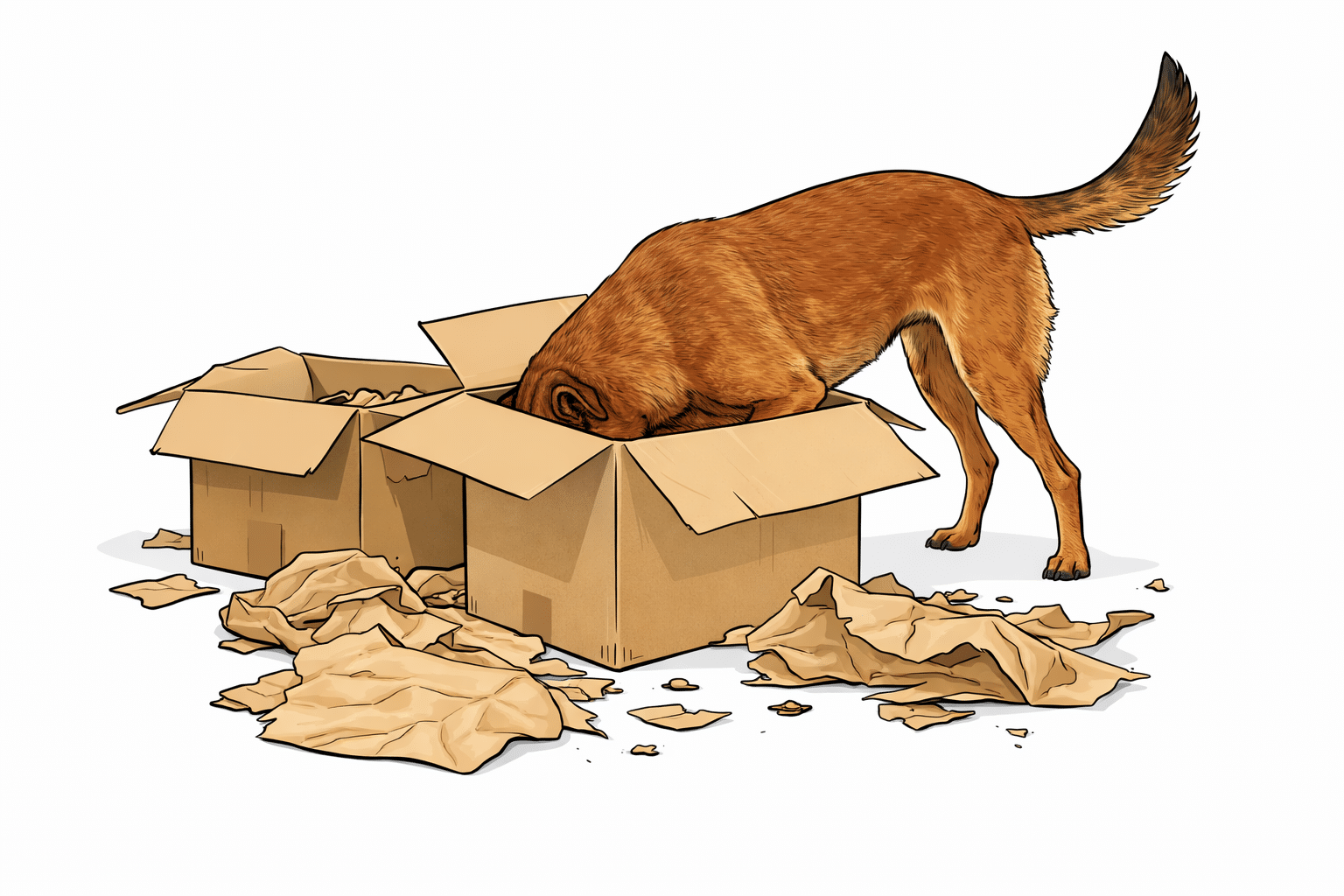 Brown dog buries its head into an open cardboard box surrounded by shredded paper, showing a homemade foraging and mental enrichment game.