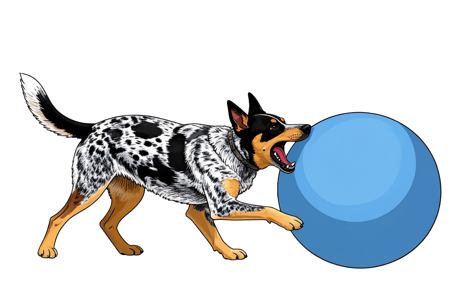 Black-and-white Australian Cattle Dog braces forward and pushes a large blue herding ball, a mental enrichment activity for dogs.