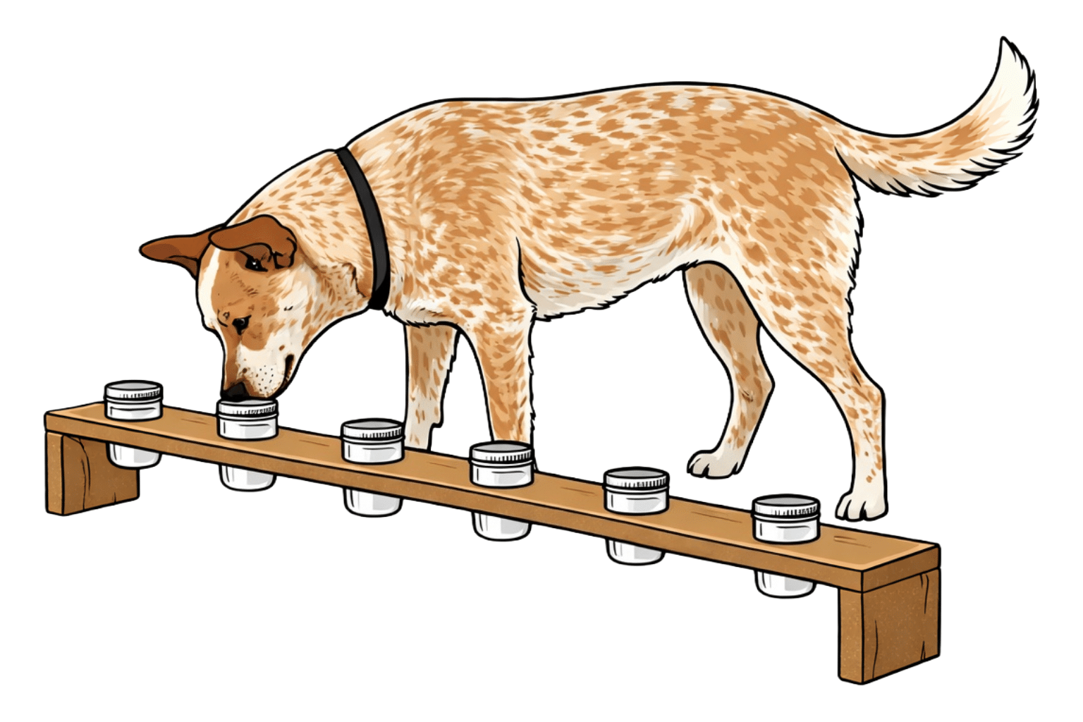 Tan-and-white Australian Cattle Dog investigates scent jars arranged in a line on a wooden stand, demonstrating nose work and scent-based mental enrichment.
