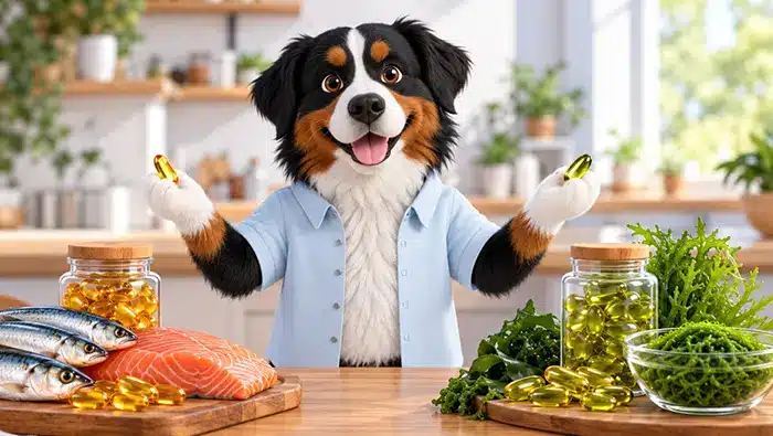 Illustration of Bernie, a Bernese Mountain Dog, wearing a light blue shirt and standing behind a kitchen counter with fresh ingredients, holding bowls in both paws.