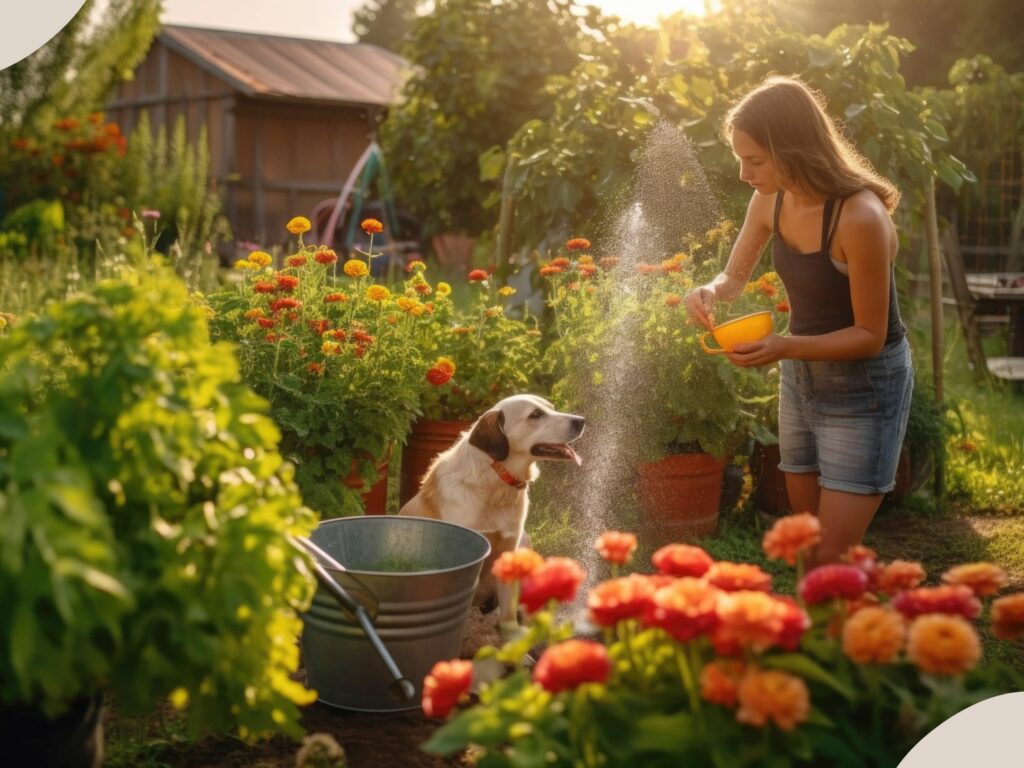 A happy dog with a diverse gut looks at its owner in a field of flowers. 