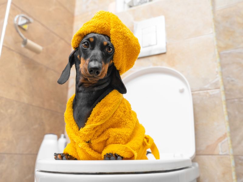 Photo of an adorable Dachshund dog sitting on toilet.