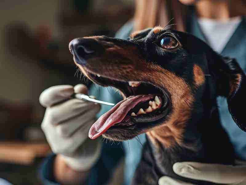 Photo: A veterinarian scrapes the tongue of a Daschund with gum disease.