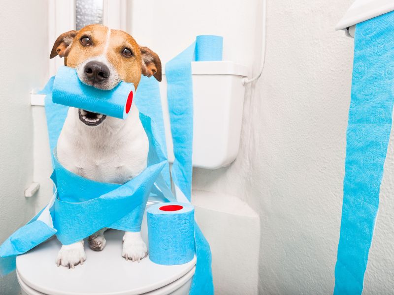 Photo: Dog with toilet paper in bathroom