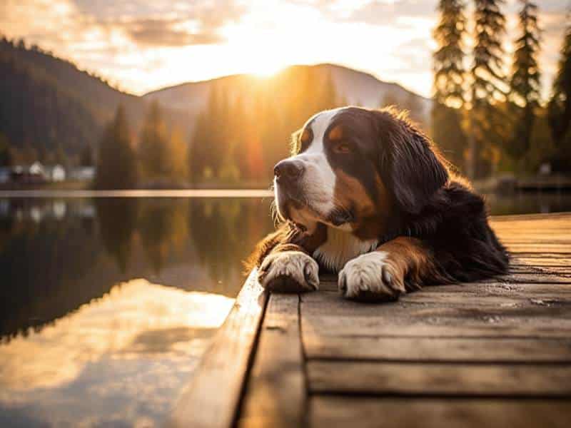 Photo: A Bernese Mountain Mountain Dog lays on a dock at a mountain lake.
