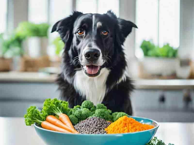 Photo: A Border Collie sits in front of a bowl full of vegetables to ferment.