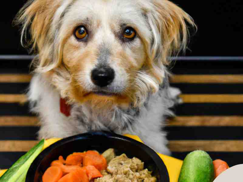 Photo: A dog looks at a bowl of kibble mixed with fermented vegetables.