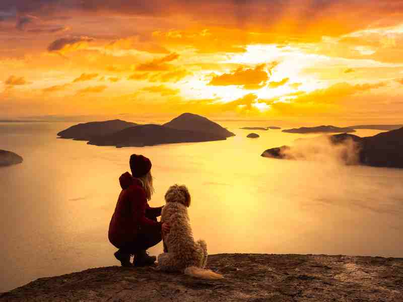 Photo: A woman and her dog overlook a beautiful lake from the top of a mountain at sunset.