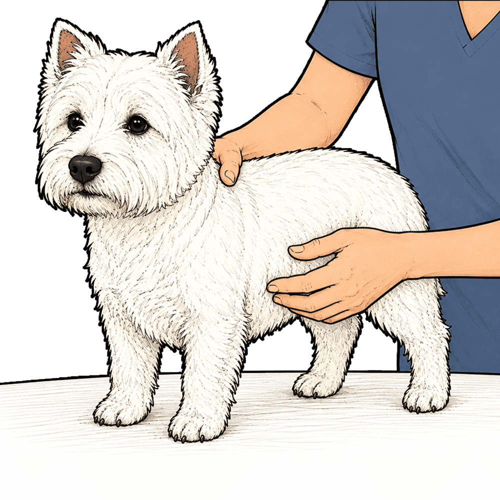 Illustration for a Veterinarian examining a Westie dog for signs of Addison’s disease (hypoadrenocorticism).