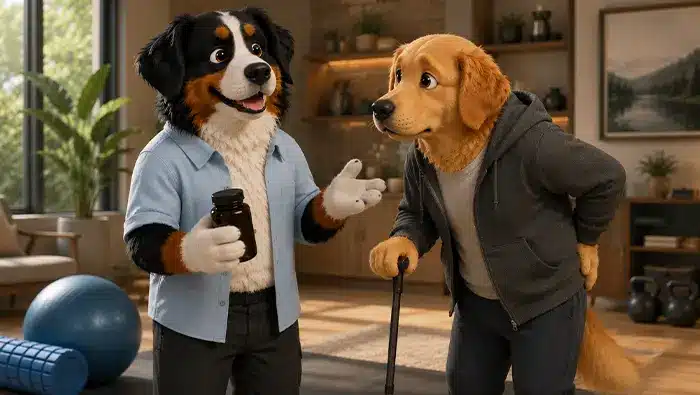 Illustration of Bernie, a Bernese Mountain Dog, talking with an older dog using a cane, highlighting how oxidative stress can affect mobility in aging dogs.