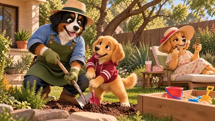 Illustration of Bernie, a Bernese Mountain Dog, gardening beside a Golden Retriever puppy digging in the soil, while another Golden Retriever lounges in a lawn chair near a sandbox. The scene highlights dogs’ natural enjoyment of digging and how designated digging areas can help protect backyard gardens.