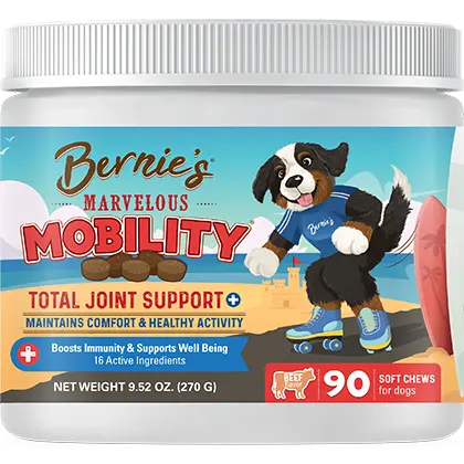 Jar of Bernie's Marvelous Mobility dog joint supplement; blue label with a cartoon dog on a skateboard, 90 soft chews.