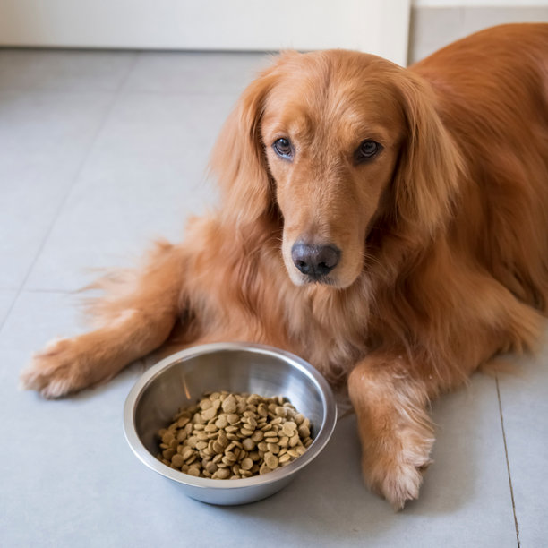 A brown dog lying on the floor with a dog food in front of him.