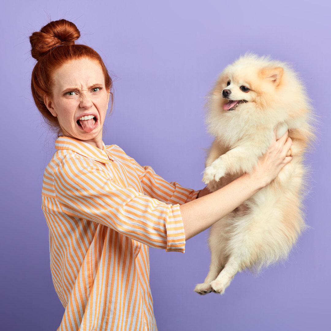 Woman holding a smelling dog at arms length.