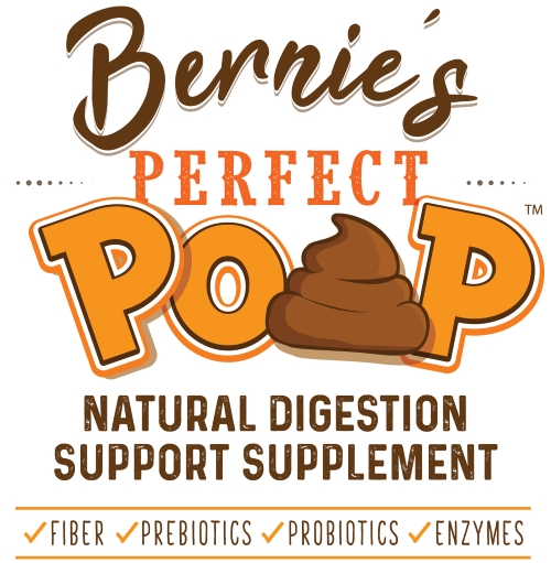 Heading: Bernie's Perfect Poop. Natural digestion support supplement. Fiber, prebiotics, probiotics and enzymes.
